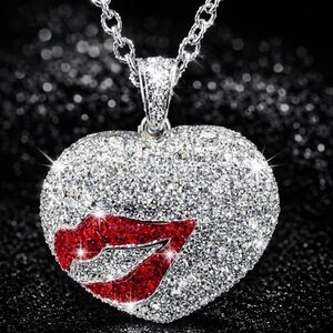 Lips Kiss 💋 Heart Pave set Crystal Cz Ruby Red Pendant Chain Necklace Silver QVC